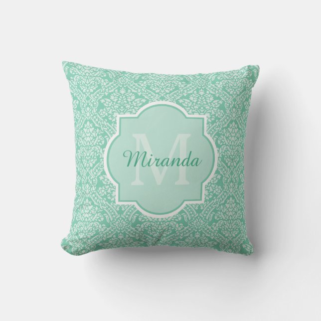 Stylish Mint Green Damask Monogram With Name Cushion (Front)