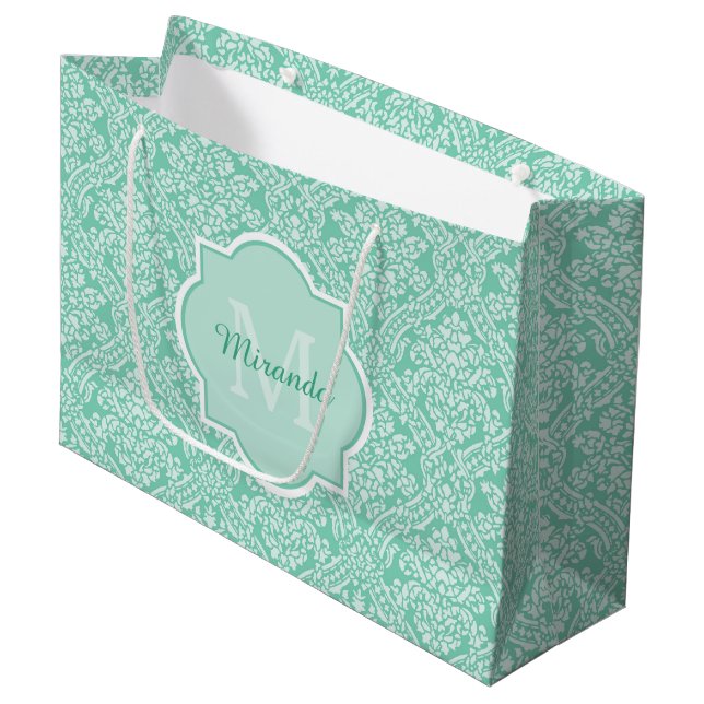 Stylish Mint Green Damask Monogram With Name Large Gift Bag (Front Angled)