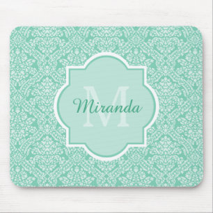 Stylish Mint Green Damask Monogram With Name Mouse Pad