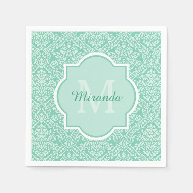 Stylish Mint Green Damask Monogram With Name Napkin (Front)