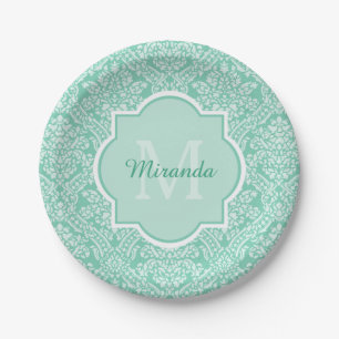 Stylish Mint Green Damask Monogram With Name Paper Plate