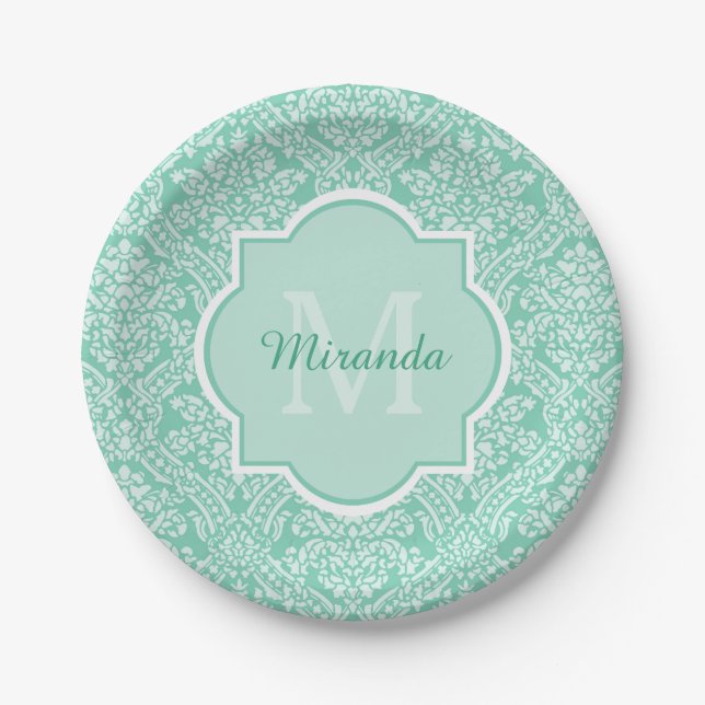 Stylish Mint Green Damask Monogram With Name Paper Plate (Front)