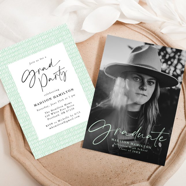 Stylish Mint Green Script Photo Graduation Party Invitation (Creator Uploaded)