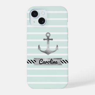 Stylish Mint Green Stripes Watercolor Anchor iPhone 15 Case