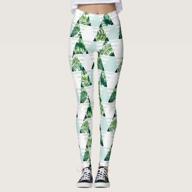 Stylish Mint Green Tropical Triangles Geometric Leggings (Front)