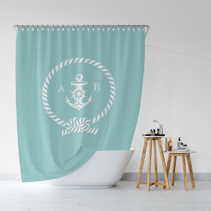 Stylish Mint Nautical Rope and Anchor Monogram Shower Curtain