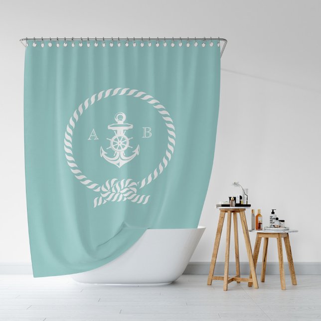 Stylish Mint Nautical Rope and Anchor Monogram Shower Curtain (Creator Uploaded)