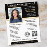 Stylish Mobile Notary Service Photo Black Gold Flyer<br><div class="desc">Professional Notary Public flyers with a profile photo, accreditation symbol and QR code. This editable template can be personalised with a name, qualifications, availability, area served, contact information and a list of services. Add your company logo or a certification mark for branding, and connect clients to your website with a...</div>