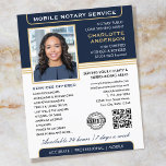 Stylish Mobile Notary Service Photo Blue Gold Flyer<br><div class="desc">Professional Notary Public flyers with a profile photo, accreditation symbol and QR code. This editable template can be personalised with a name, qualifications, availability, area served, contact information and a list of services. Add your company logo or a certification mark for branding, and connect clients to your website with a...</div>