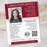 Stylish Mobile Notary Service Photo Burgundy Gold Flyer<br><div class="desc">Professional Notary Public flyers with a profile photo, accreditation symbol and QR code. This editable template can be personalised with a name, qualifications, availability, area served, contact information and a list of services. Add your company logo or a certification mark for branding, and connect clients to your website with a...</div>