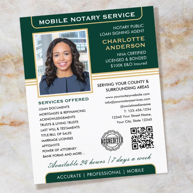 Stylish Mobile Notary Service Photo Green Gold Flyer (Creator Uploaded)