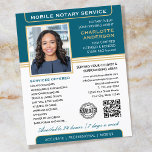 Stylish Mobile Notary Service Photo Teal Gold Flyer<br><div class="desc">Attract more customers with these classic 'Mobile Notary Service' business flyers. A stylish template personalised with your photo, name, details, QR code and a logo or accreditation symbol. All the text and images can be customised or deleted so you can include the information you want. Simply add your web URL...</div>