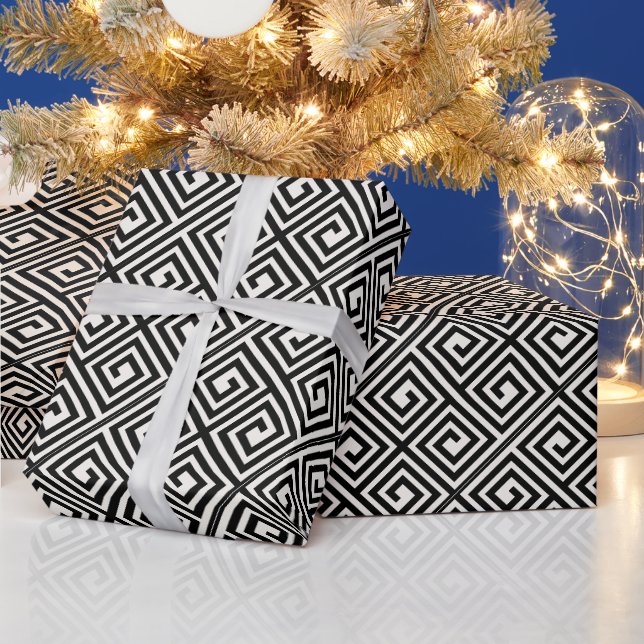 Stylish Mod Ivory/Black Greek Key Seamless Pattern Wrapping Paper (Holidays)