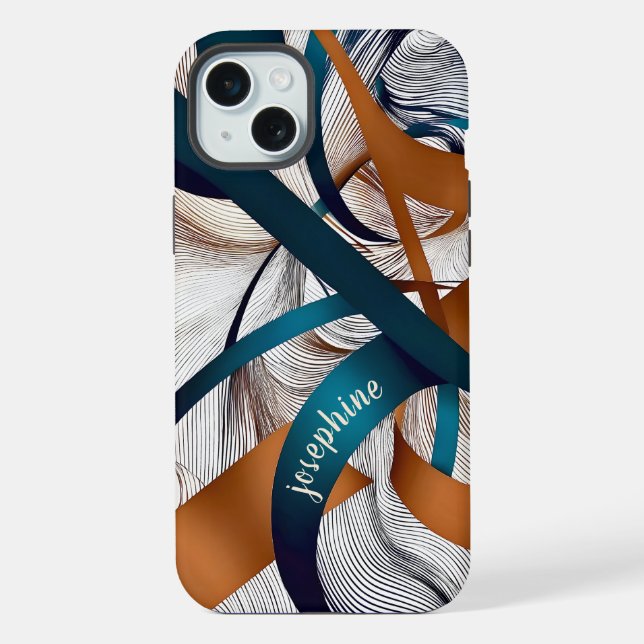 Stylish modern abstract teal and bronze ribbon  iPhone case (Back)