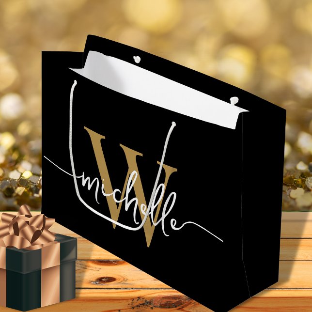 Stylish Modern Black Gold Monogram Initial Script Large Gift Bag (Creator Uploaded)