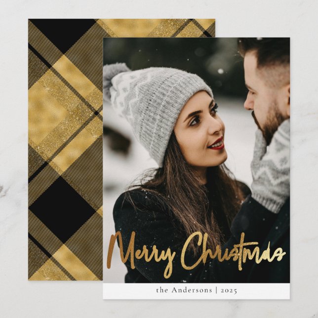 Stylish Modern Black Gold Plaid Christmas Photo Holiday Card (Front/Back)