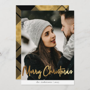 Stylish Modern Black Gold Plaid Christmas Photo Holiday Card