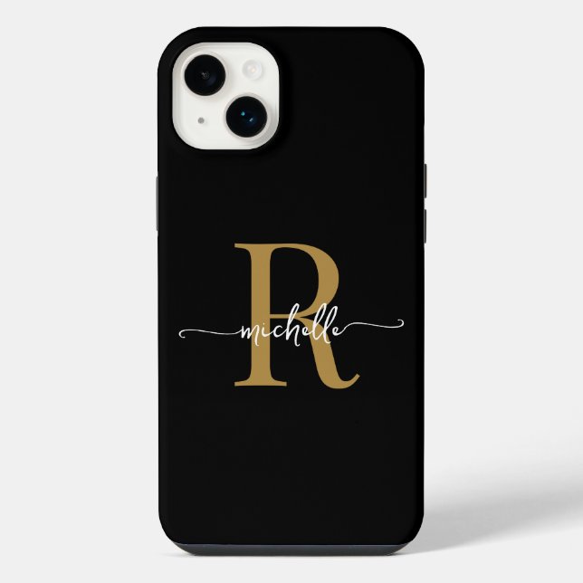 Stylish Modern Black Gold  Script Monogram Initial iPhone Case (Back)