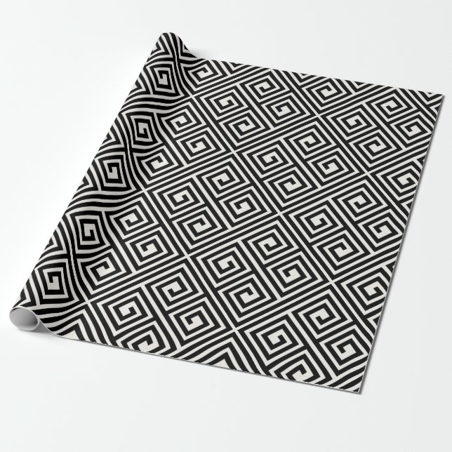 Stylish Modern Black Ivory Greek Key Chic Wedding Wrapping Paper (Unrolled)
