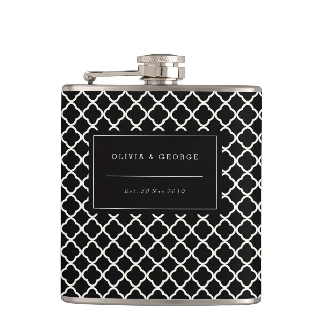 Stylish Modern Black Ivory Quatrefoil Name Wedding Hip Flask (Front)