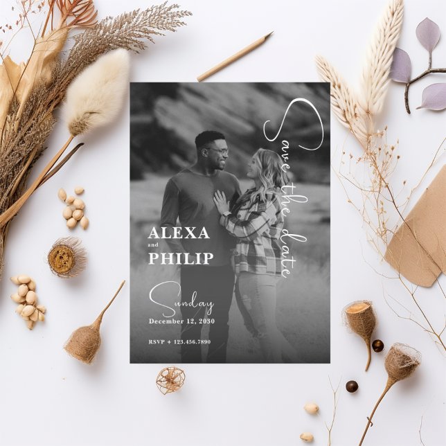 Stylish modern black white photo wedding invitation (1)