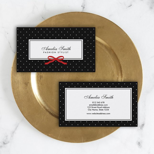 Stylish Modern Black & White Polka Dot Red Ribbon Business Card (Creator Uploaded)