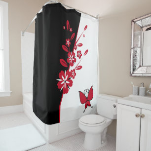 Stylish Modern Black White Red Butterfly Floral Shower Curtain