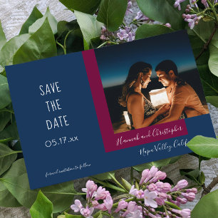 Stylish Modern Blue Magenta Photo Simple Wedding Save The Date