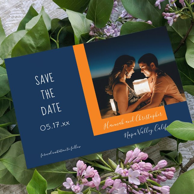 Stylish Modern Blue Orange Photo Simple Wedding Save The Date (Creator Uploaded)
