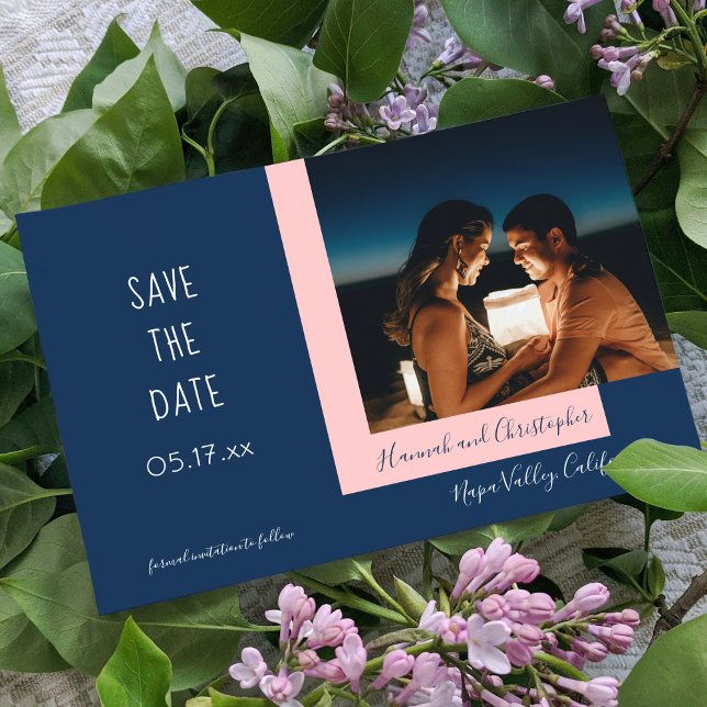 Stylish Modern Blue Pink Photo Simple Wedding Save The Date (Creator Uploaded)