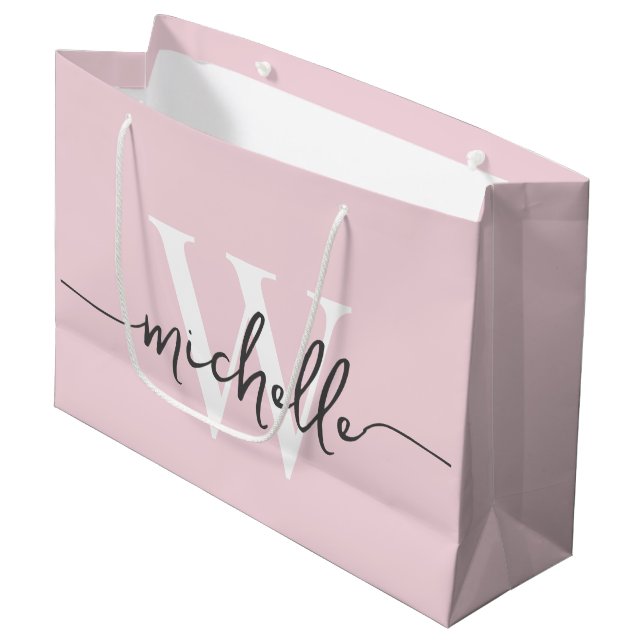 Stylish Modern Blush Pink Monogram Initial Script Large Gift Bag (Front Angled)