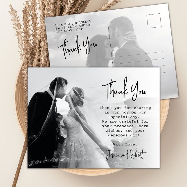Stylish Modern Calligraphy Photo Wedding Thank You Postcard (Creator Uploaded)