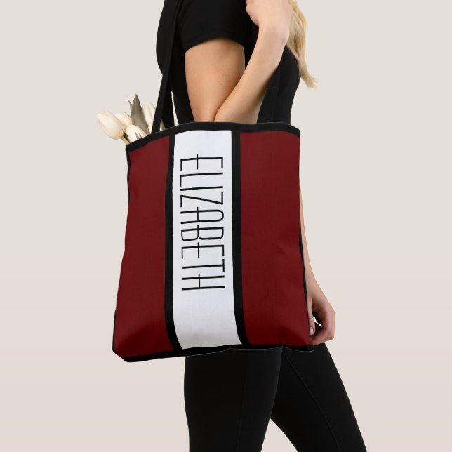 Stylish Modern Colour Block Personalised Name Red Tote Bag (Close Up)