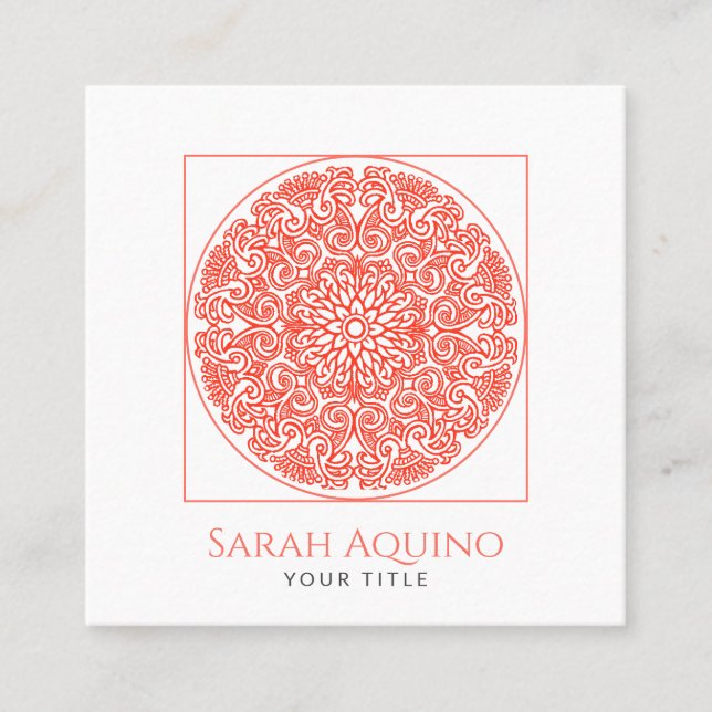 Stylish Modern Coral Mandala Universe Symbol Square Business Card (Front)