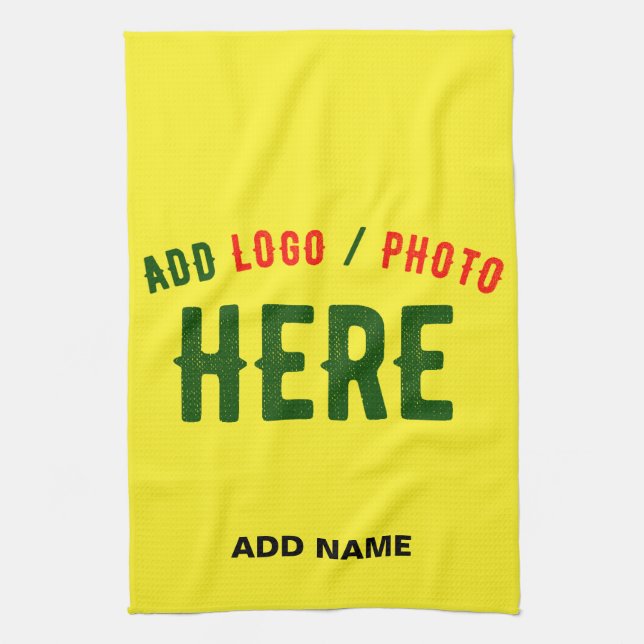 STYLISH MODERN CUSTOM BRIGHT YELLOW VERIFIED BRAND TEA TOWEL (Vertical)