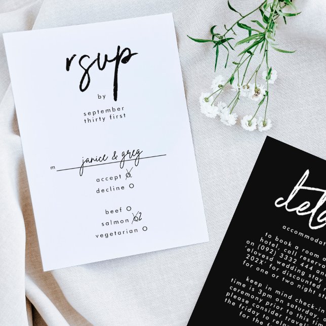 Stylish Modern Custom Names Black White Wedding RSVP Card (Creator Uploaded)