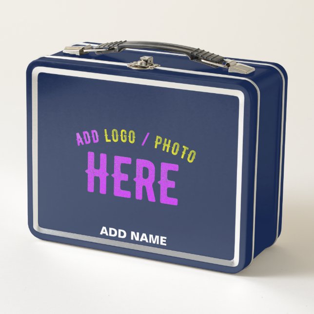 STYLISH MODERN CUSTOM NAVY BLUE VERIFIED BRANDED METAL LUNCH BOX (Front)