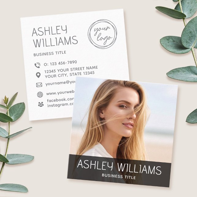 Stylish Modern Custom Photo Colour Logo Black Square Business Card (Creator Uploaded)