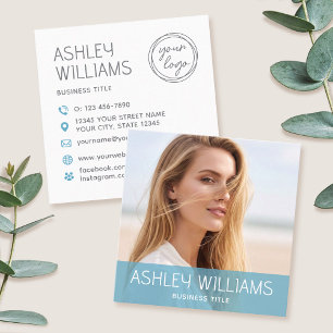 Stylish Modern Custom Photo Colour Logo Blue Square Business Card