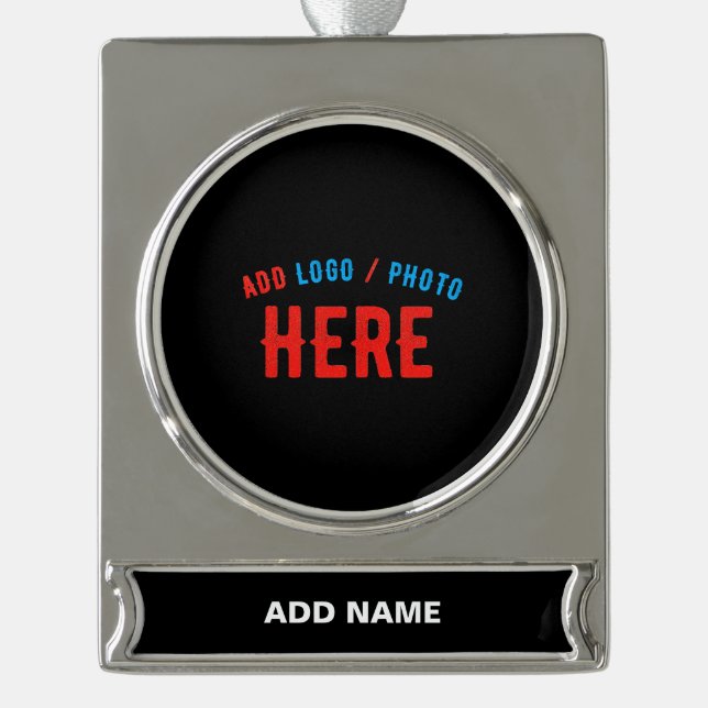 STYLISH MODERN CUSTOMIZABLE BLACK VERIFIED BRANDED SILVER PLATED BANNER ORNAMENT (Front)