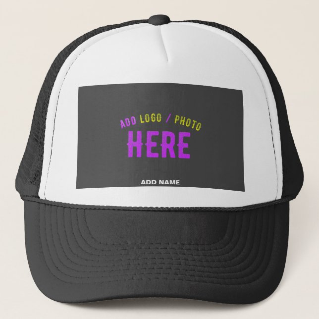 STYLISH MODERN CUSTOMIZABLE WHITE BLACK GREY BRAND TRUCKER HAT (Front)