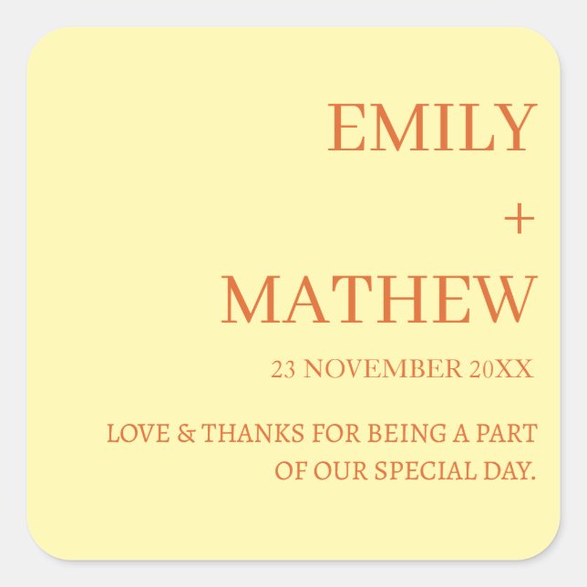 STYLISH MODERN CUSTOMIZED ELEGANT CLASSIC WEDDING  SQUARE STICKER (Front)