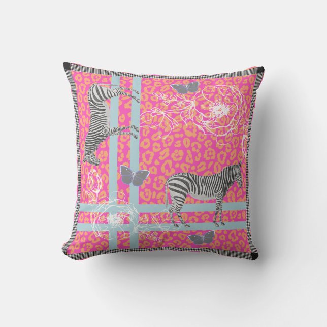 Stylish Modern Eclectic Fluo Pink Orange Blue Cushion (Front)