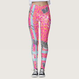 Stylish Modern Eclectic Fluo Pink Orange Blue Leggings
