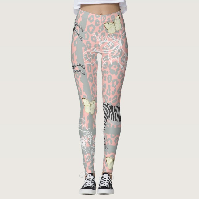 Stylish Modern Eclectic Pastel Pink Grey Leggings (Front)