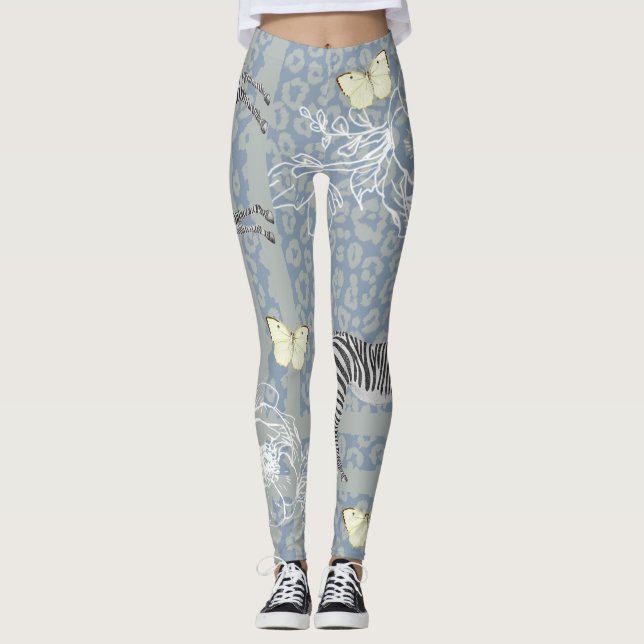 Stylish Modern Eclectic Vintage Blue Grey Leggings (Front)
