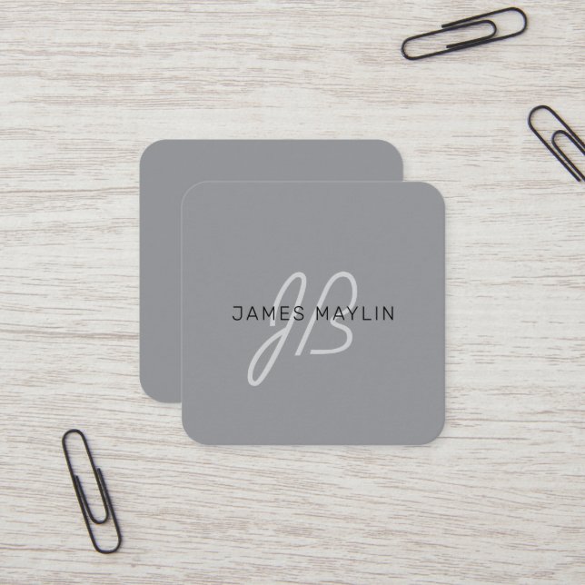 Stylish Modern Editable Name | Black & Dark Grey Square Business Card (Front/Back In Situ)