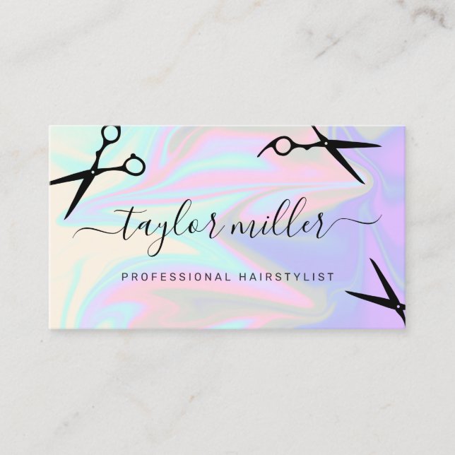 Stylish modern elegant holographic hairstylist business card (Front)