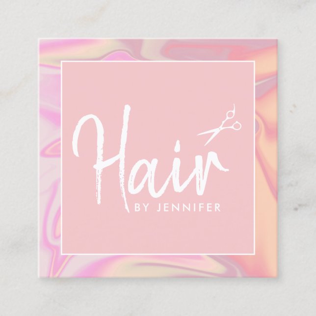 Stylish modern elegant holographic hairstylist square business card (Front)
