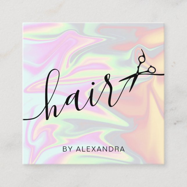 Stylish modern elegant holographic hairstylist square business card (Front)